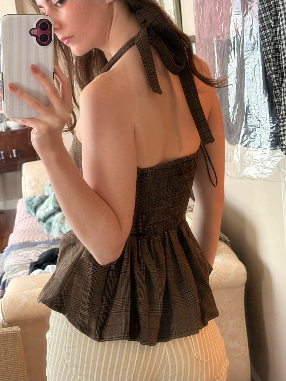 Free People Chocolate Brown Plaid Peplum Halter Top - Picture 4 of 5